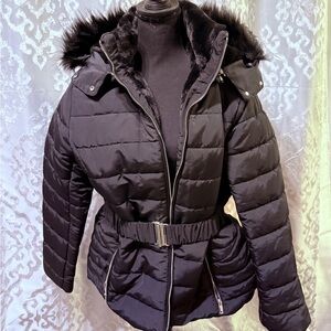 Women's Black Quilted Jacket with Fur Trim Hood